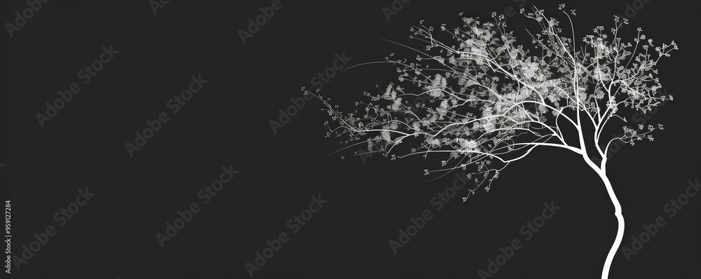 Canvas Prints a simple white line drawing on a black background of a tree with branches and leaves. the minimalist