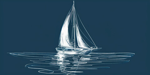 A simple white line drawing on a denim blue background of a sailboat with sails full of wind. The deep color enhances the peacefulness of a day at sea.