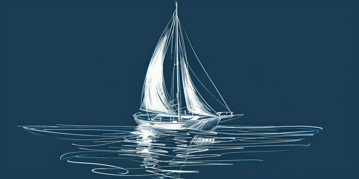 A simple white line drawing on a denim blue background of a sailboat with sails full of wind. The deep color enhances the peacefulness of a day at sea.