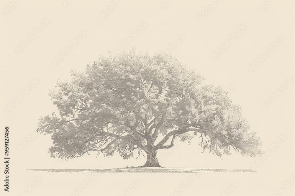 Poster a simple white line drawing on a cream background of a tree with a thick trunk and lush foliage. the