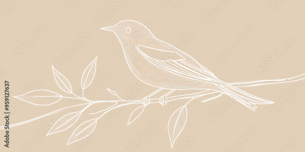 Poster a simple white line drawing of a bird perched on a branch, with delicate lines outlining the feather