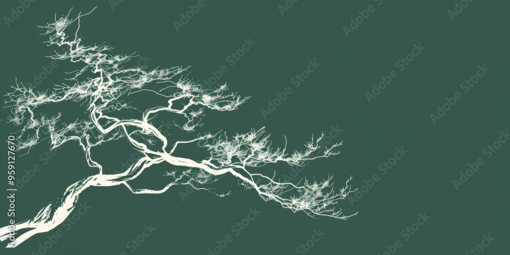 Poster a simple white line drawing on a jade background of a tree with sprawling branches. the deep color e