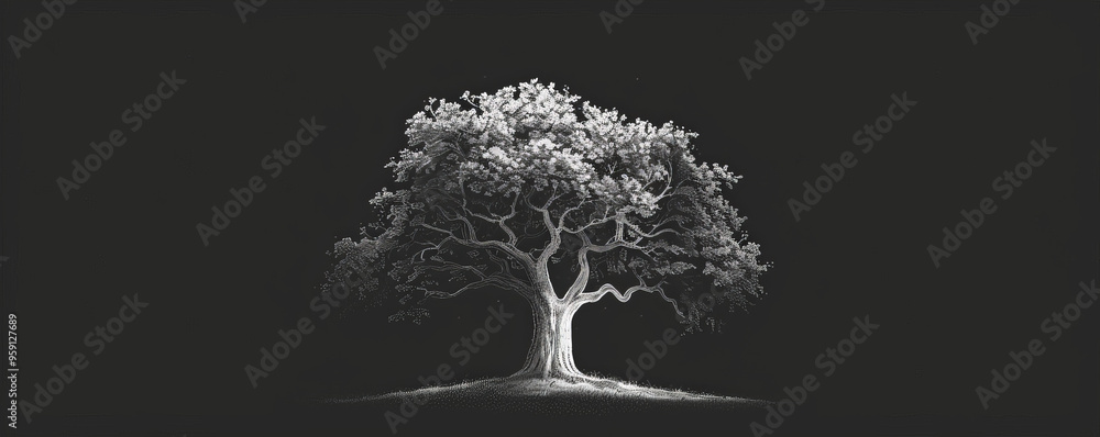 Poster a simple white line drawing on a black background of a tree with thick foliage and a strong trunk. t