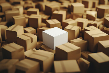 Fototapeta premium A central white box standing out amidst a sea of brown cardboard boxes. The scene is well-lit with soft shadows, highlighting the contrast between the white and the brown.