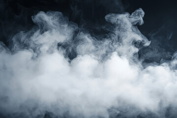 A dramatic isolated dry ice smoke cloud with swirling white vapors against a dark background. The cloud has a dense, ethereal appearance with intricate, swirling patterns. Perfect for creating a
