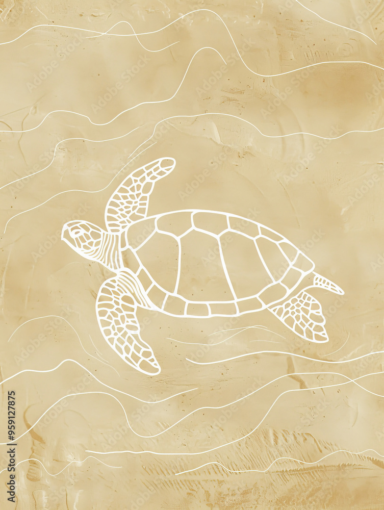 Poster a simple white line drawing of a turtle slowly moving across a sandy beige background with a slight,