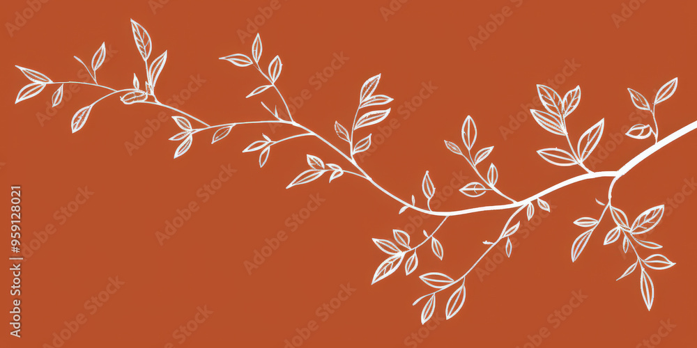 Poster a simple white line drawing on a burnt orange background of a tree branch with a few leaves. the vib