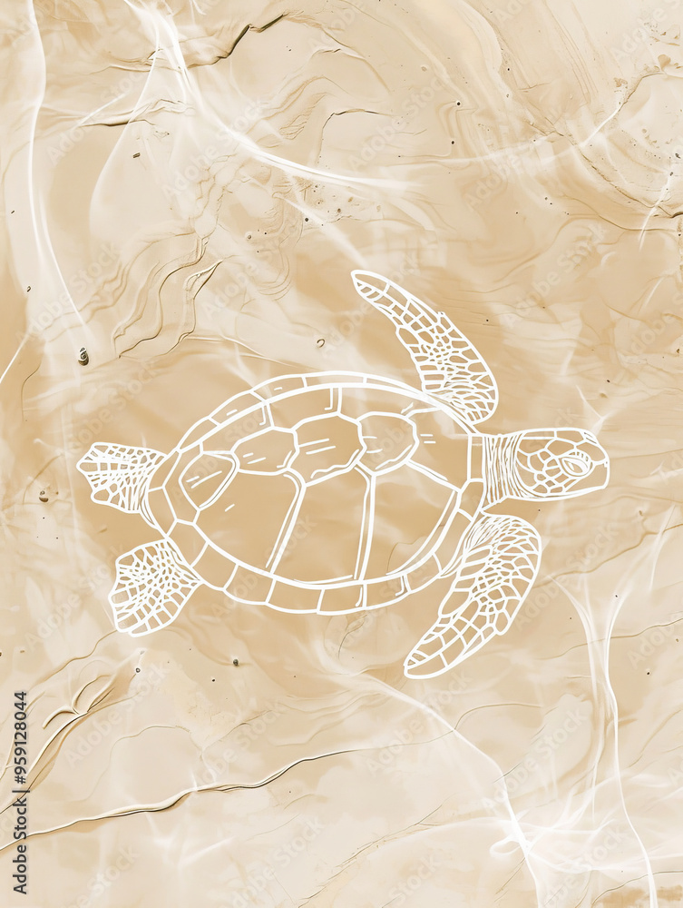 Poster a simple white line drawing of a turtle slowly moving across a sandy beige background with a slight,