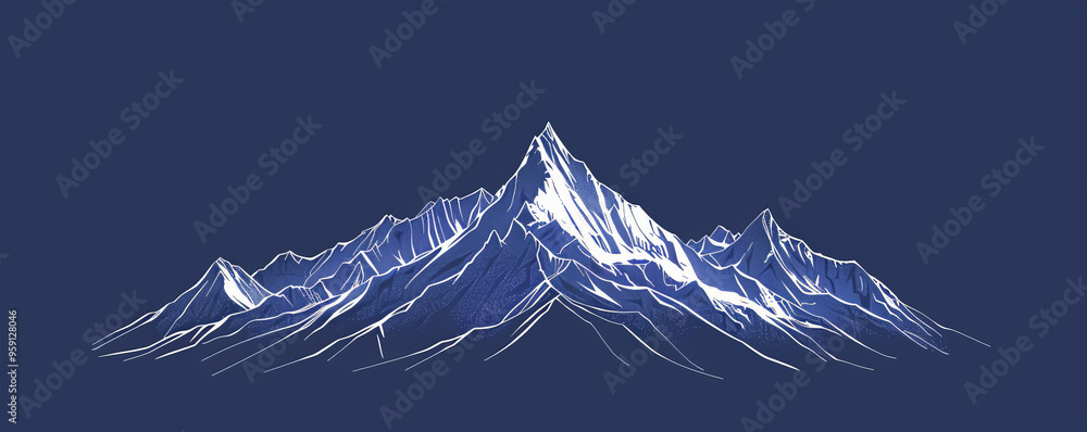 Poster a simple white line drawing on a sapphire background of a mountain with sharp peaks. the deep color 