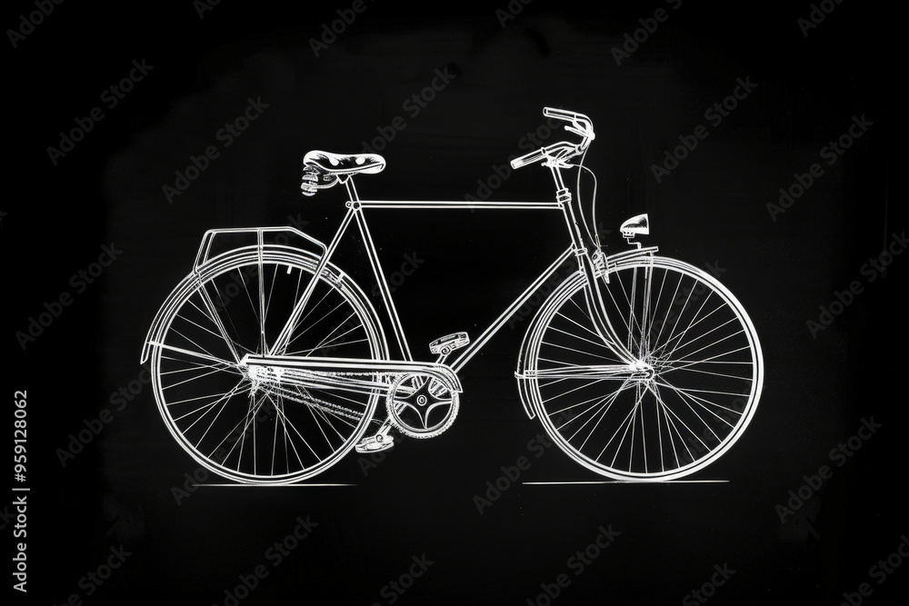 Poster a simple white line drawing on a black background of a bicycle with its wheels and frame outlined. t