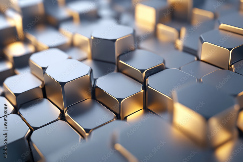 Poster a modern 3d abstract background featuring interlocking cubes and hexagons in varying shades of grey 