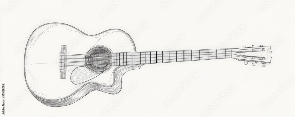 Poster a simple white line drawing of a guitar, with the strings and body outlined in clean, minimalist lin