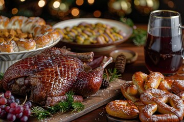 St. Martin's Day (various countries). A still life photo of a table set with typical St. Martin's Day foods, such as roast goose, warm pretzels, and mulled wine, capturing the cozy atmosphere.