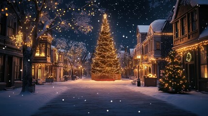 Winter Night in Small Town Square with a Lit Christmas Tree and Falling Snow