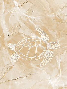 A simple white line drawing of a turtle slowly moving across a sandy beige background with a slight, textured pattern. The turtle's shell and limbs are outlined in delicate detail, creating a serene
