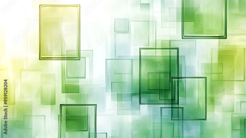 Poster abstract green and yellow geometric shapes overlap in a soft gradient background, creating a serene 