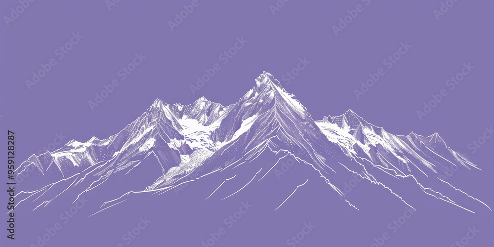 Poster a simple white line drawing on a purple background of a mountain range with sharp peaks. the minimal