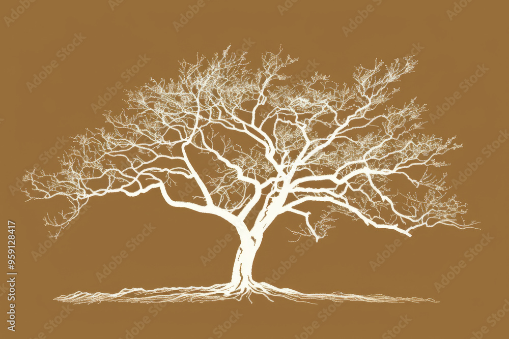Poster a simple white line drawing on a brown background of a tree with sprawling branches. the earthy tone