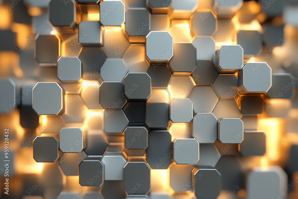 Poster a modern 3d abstract background featuring interlocking cubes and hexagons in varying shades of grey 