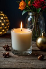Beautiful Candle Standing on a Festive Table, Creating a Cozy Christmas Atmosphere