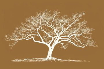A simple white line drawing on a brown background of a tree with sprawling branches. The earthy tones emphasize the natural strength and stability of the tree.