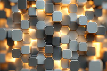 A modern 3D abstract background featuring interlocking cubes and hexagons in varying shades of grey and gold. The scene is illuminated with a soft, golden light, adding a touch of elegance.