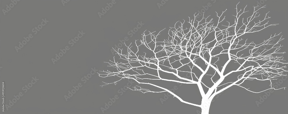 Poster a simple white line drawing on a slate gray background of a tree with bare branches. the neutral col