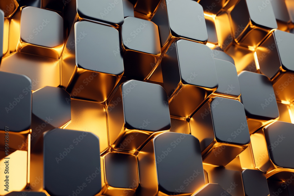 Poster a modern 3d abstract background featuring interlocking cubes and hexagons in varying shades of grey 