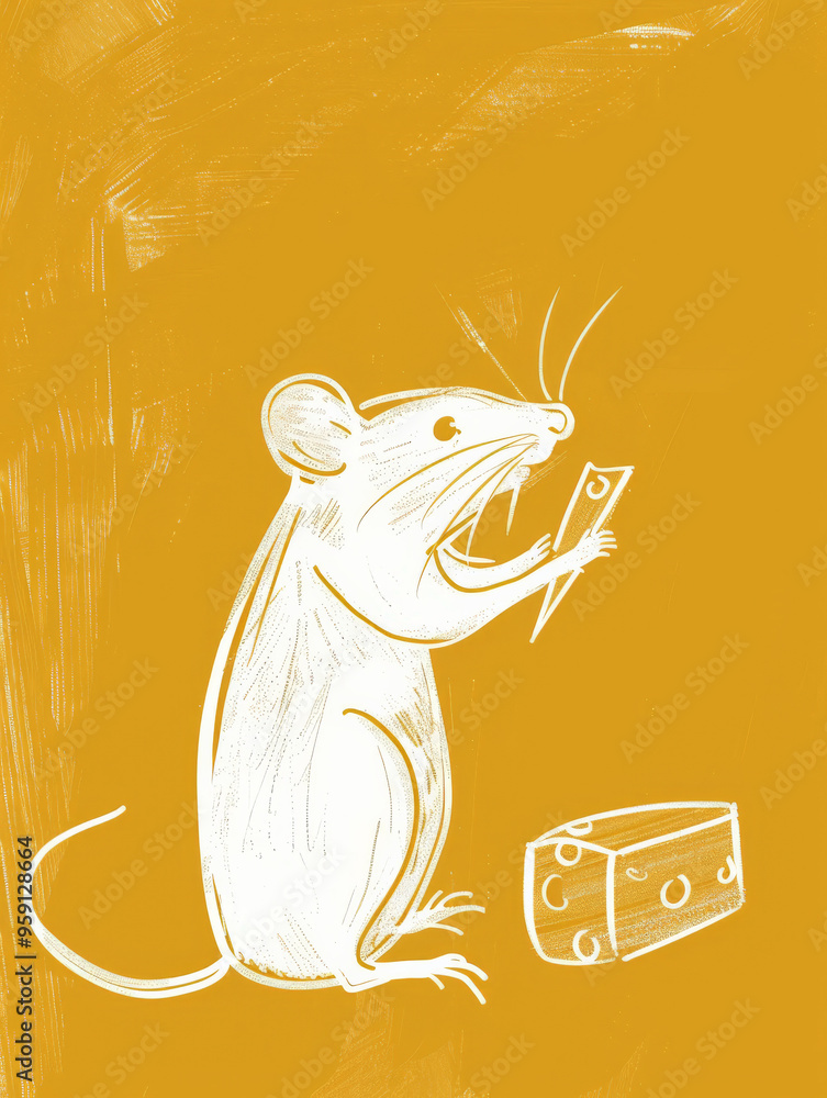 Poster a simple white line drawing of a mouse nibbling on cheese, set against a soft, buttery yellow backgr