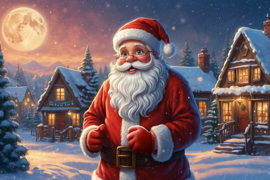 Cute Santa Claus in a Snowy Christmas Village, Dressed in a Bright Suit