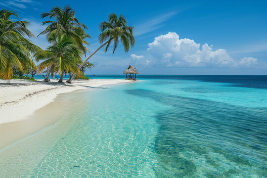 Stunning tropical beach scene with clear turquoise water and soft white sand. Palm trees sway in the breeze, a thatched beach hut is visible in the distance, and the bright blue sky completes the para