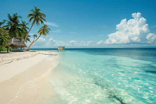 Stunning tropical beach scene with clear turquoise water and soft white sand. Palm trees sway in the breeze, a thatched beach hut is visible in the distance, and the bright blue sky completes the para