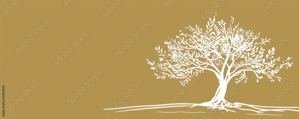 Poster a simple white line drawing on an olive background of a tree with spreading branches. the earthy col