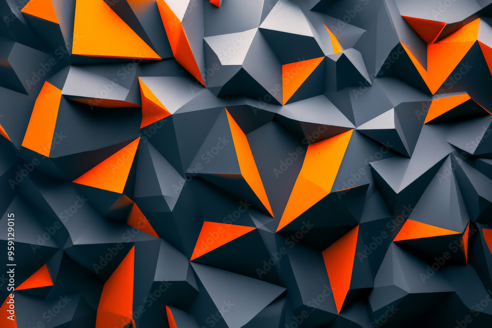 Poster a 3d abstract background featuring sharp, angular shapes in contrasting colors of dark grey and vibr