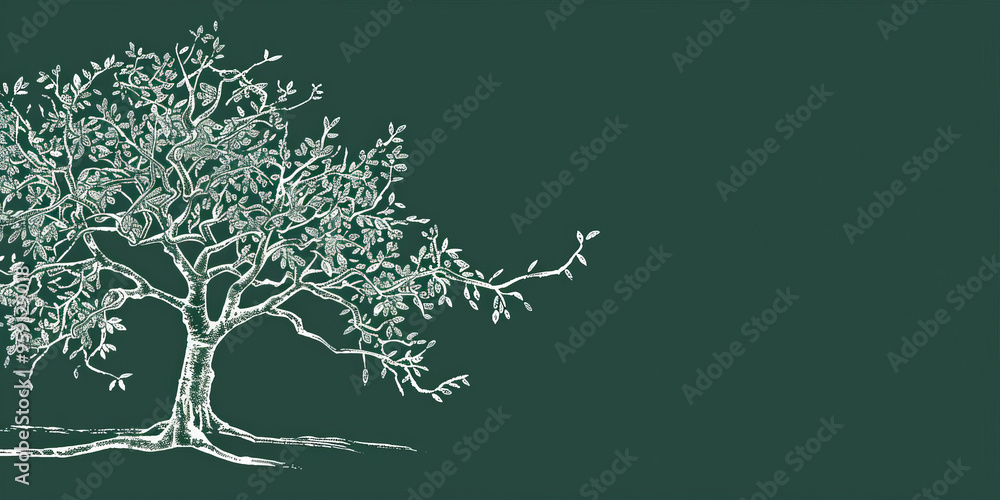 Aufkleber a simple white line drawing on a forest green background of a tree with thick branches and leaves. t
