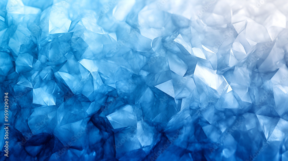 Poster blue crystal-like texture with reflective facets in an abstract design, showcasing shades and patter