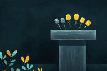 A podium with multiple microphones set against a dark background. Public speaking or a press conference.