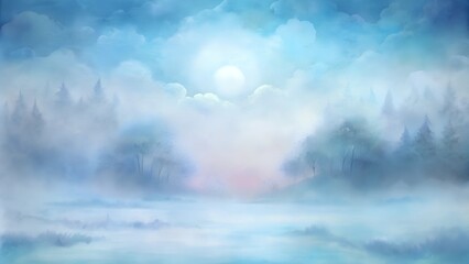 Obraz premium Foggy sunrise over winter forest, soft blue and white hues, tranquil scene
