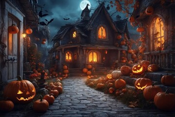 Halloween Scene with Bright Pumpkins Placed in Front of a Cozy House Along a Decorated Pathway