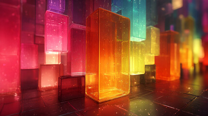 Fototapeta premium Colorful translucent blocks illuminated in a vibrant digital art display, creating an enchanting atmosphere in an abstract setting