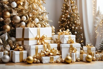 Pile of Gifts Neatly Arranged Next to a Christmas Tree Decorated in a White and Gold Color