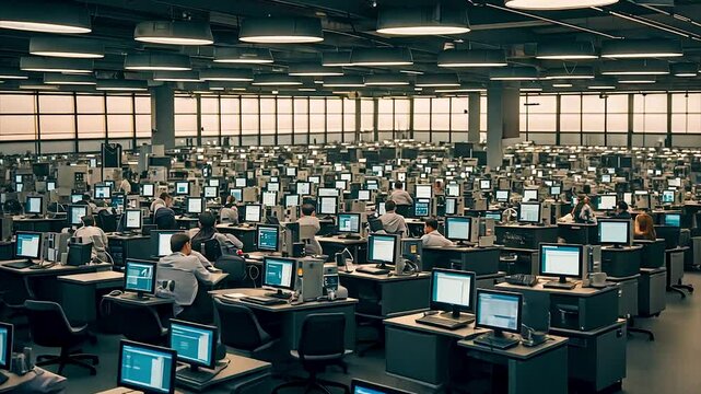 Many people sitting at computers in huge room, troll farm, hackers or corporate workers. AI generated.