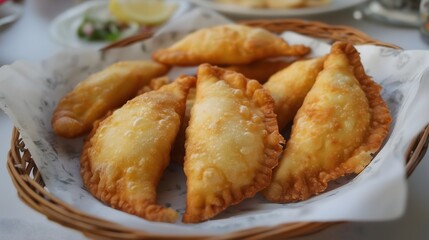 Plate of golden fried empanadas served on white paper with lemon wedge, traditional Latin American cuisine