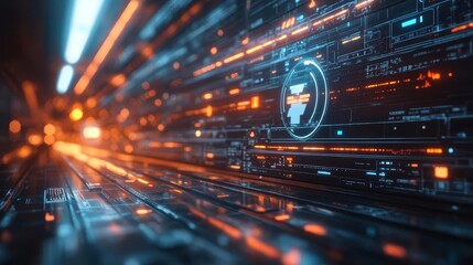 Futuristic digital tunnel with vibrant lights and dynamic motion, ideal for technology and sci-fi themes.