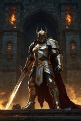 Fototapeta premium Portrait of Warrior Angels Clad in Heavy Armor of Gold and White Marble, Embodying Beauty and Terrifying Power, Standing Against a Bright Light that Creates an Atmosphere of Sacred Grandeur