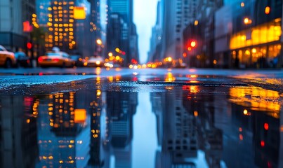 Obraz premium Cityscape Reflection in Rain-Soaked Street