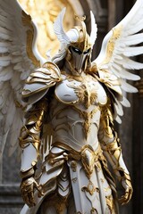 Obraz premium The Battle Archangel - Warrior of Light, Clad in Beautiful Armor of Gold and White Marble, Embodying Beauty and Incredible Power Against a Divine Light Background