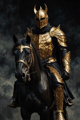 The Dark Rider of the Apocalypse - Warrior of Darkness, Clad in Beautiful Armor of Gold and Black Marble, Symbolizing the Strength and Power of Destruction in a Oppressive Atmosphere
