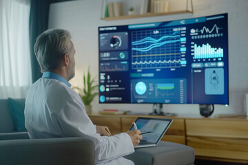 Patient at home having a remote consultation with a doctor via a large, interactive screen. Medical data and health stats are displayed, and the doctor is visible through a high-definition video call.