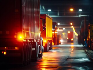 Night scene of parked trucks lit by street lamps, showcasing logistics and transportation in a busy warehouse environment.